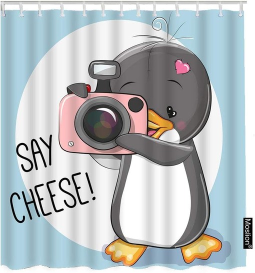 Grey Penguin Shower Curtain with Camera and Cheese for Cute Bathroom Decor
