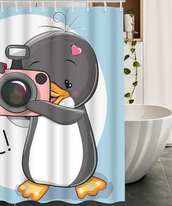 Grey Penguin Shower Curtain with Camera and Cheese for Cute Bathroom Decor