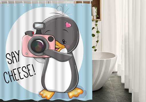 Grey Penguin Shower Curtain with Camera and Cheese for Cute Bathroom Decor