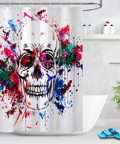 Halloween Skull Watercolor Splash Shower Curtain, Bathroom Fabric for Spooky Home Decor