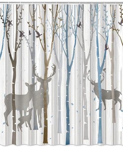 Hand Painted Abstract Birch Tree Forest Shower Curtain with Vintage Deer and Birds for Outdoor Bathroom Decor 