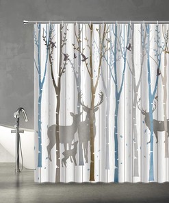 Hand Painted Abstract Birch Tree Forest Shower Curtain with Vintage Deer and Birds for Outdoor Bathroom Decor