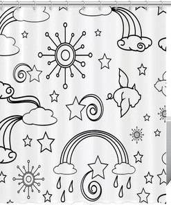 Hand-Drawn Sky Cloud Sun Fabric Shower Curtain for Bathroom Decor