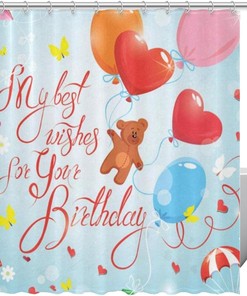 Happy Birthday Love Heart Bear Fabric Shower Curtain for Bathroom Decor