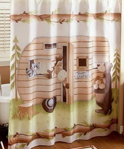 Happy Camper Bear Moose Raccoon Shower Curtain for Woodsy Bathroom Decor