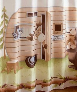 Happy Camper Bear Moose Raccoon Shower Curtain for Woodsy Bathroom Decor