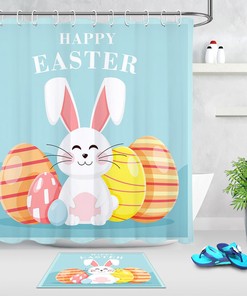 Happy Easter Cute Rabbit Colorful Eggs Waterfall Shower Curtain for a Festive Bath Decor