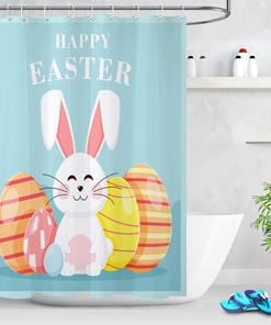Happy Easter Cute Rabbit Colorful Eggs Waterfall Shower Curtain for a Festive Bath Decor