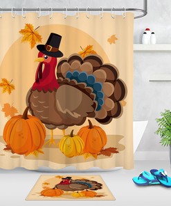 Harvest Turkey Fabric Shower Curtain with Maple Leaves and Pumpkins