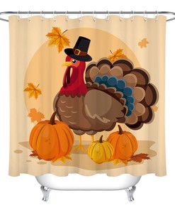 Harvest Turkey Fabric Shower Curtain with Maple Leaves and Pumpkins