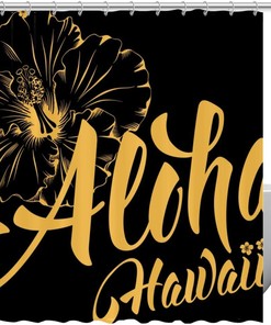 Hawaii Lettering and Hibiscus Shower Curtain for Tropical Bathroom Decor