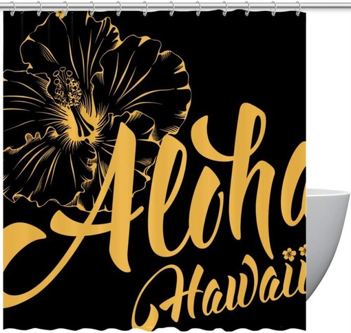Hawaii Lettering and Hibiscus Shower Curtain for Tropical Bathroom Decor