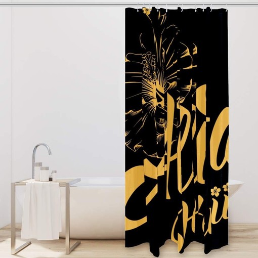 Hawaii Lettering and Hibiscus Shower Curtain for Tropical Bathroom Decor