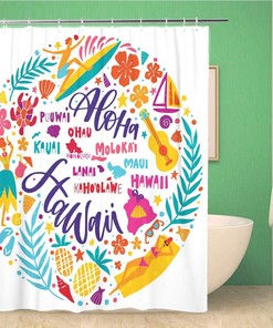 Hawaii Map and Symbols Shower Curtain for Tourist Bathroom Decor