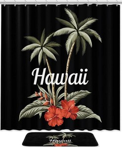 Hawaii Red Hibiscus Palm Banana Leaves Shower Curtain for Bathroom Decor