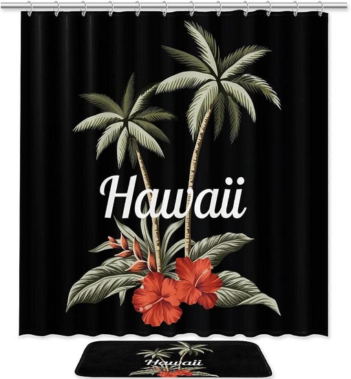 Hawaii Red Hibiscus Palm Banana Leaves Shower Curtain for Bathroom Decor