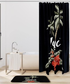 Hawaii Red Hibiscus Palm Banana Leaves Shower Curtain for Bathroom Decor