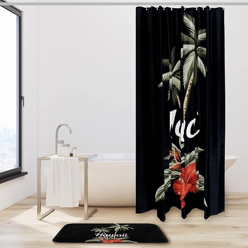 Hawaii Red Hibiscus Palm Banana Leaves Shower Curtain for Bathroom Decor