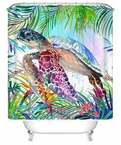 Hawaiian Coastal Beach Style Shower Curtain with Sea Turtle, Flowers and Palm Leaves