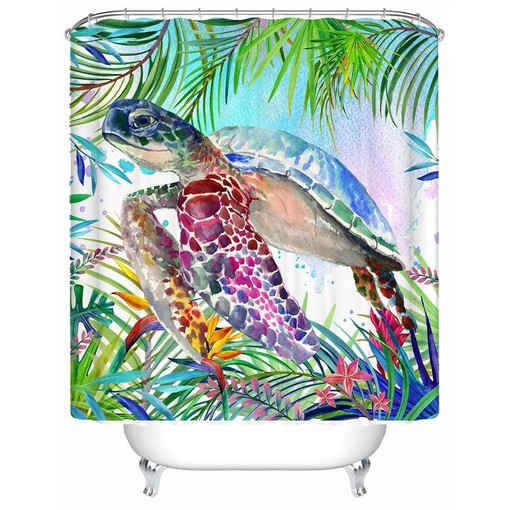 Hawaiian Coastal Beach Style Shower Curtain with Sea Turtle, Flowers and Palm Leaves