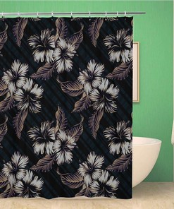Hawaiian Monochrome Masculine Retro Floral Pattern Watercolor Palm Brown Shower Curtain
