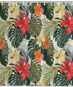 Hawaiian Summer Tropical Island Vegetation Leaves Shower Curtain for Bathroom Decor