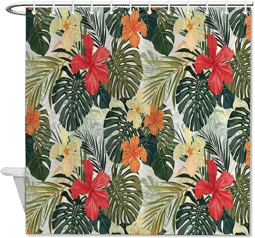Hawaiian Summer Tropical Island Vegetation Leaves Shower Curtain for Bathroom Decor