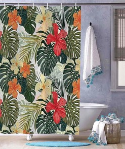 Hawaiian Summer Tropical Island Vegetation Leaves Shower Curtain for Bathroom Decor