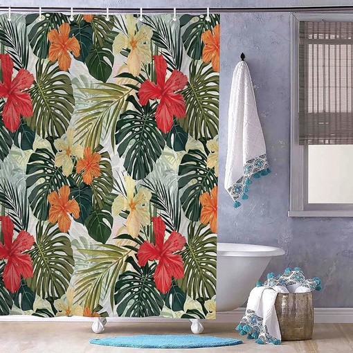 Hawaiian Summer Tropical Island Vegetation Leaves Shower Curtain for Bathroom Decor