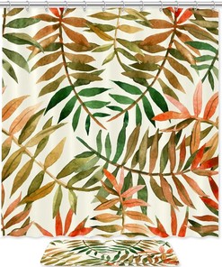 Hawaiian Watercolor Leaves Shower Curtain, Home Decor Bathroom Curtain