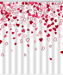 Heart Shower Curtain for Valentine's Day - Red and Pink Fallen Heart Print on Romantic Fabric for Wedding Bathroom Decor