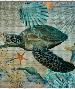 Heavy Weight & Water Repellent Ocean Sea Life Coastal Bathroom Shower Curtain with Sea Turtle Fabric
