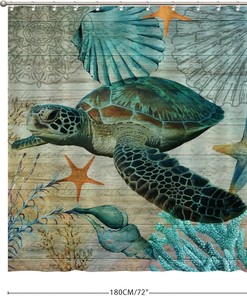 Heavy Weight & Water Repellent Ocean Sea Life Coastal Bathroom Shower Curtain with Sea Turtle Fabric