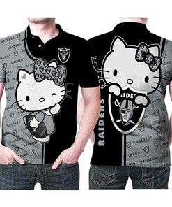 Hello Kitty Hugs Oakland Raiders Ball Logo 3D Printed Polo Shirt- Gift for Fans