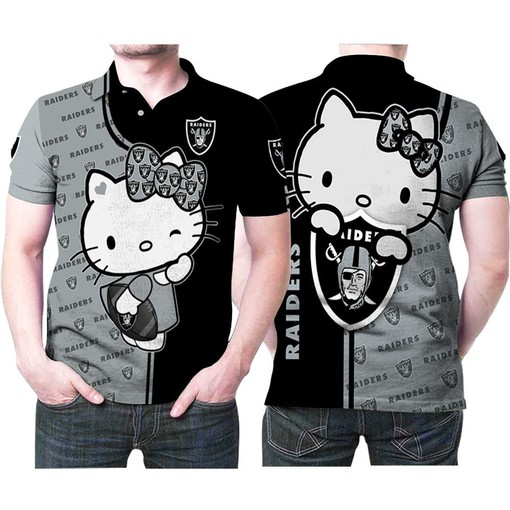 Hello Kitty Hugs Oakland Raiders Ball Logo 3D Printed Polo Shirt- Gift for Fans
