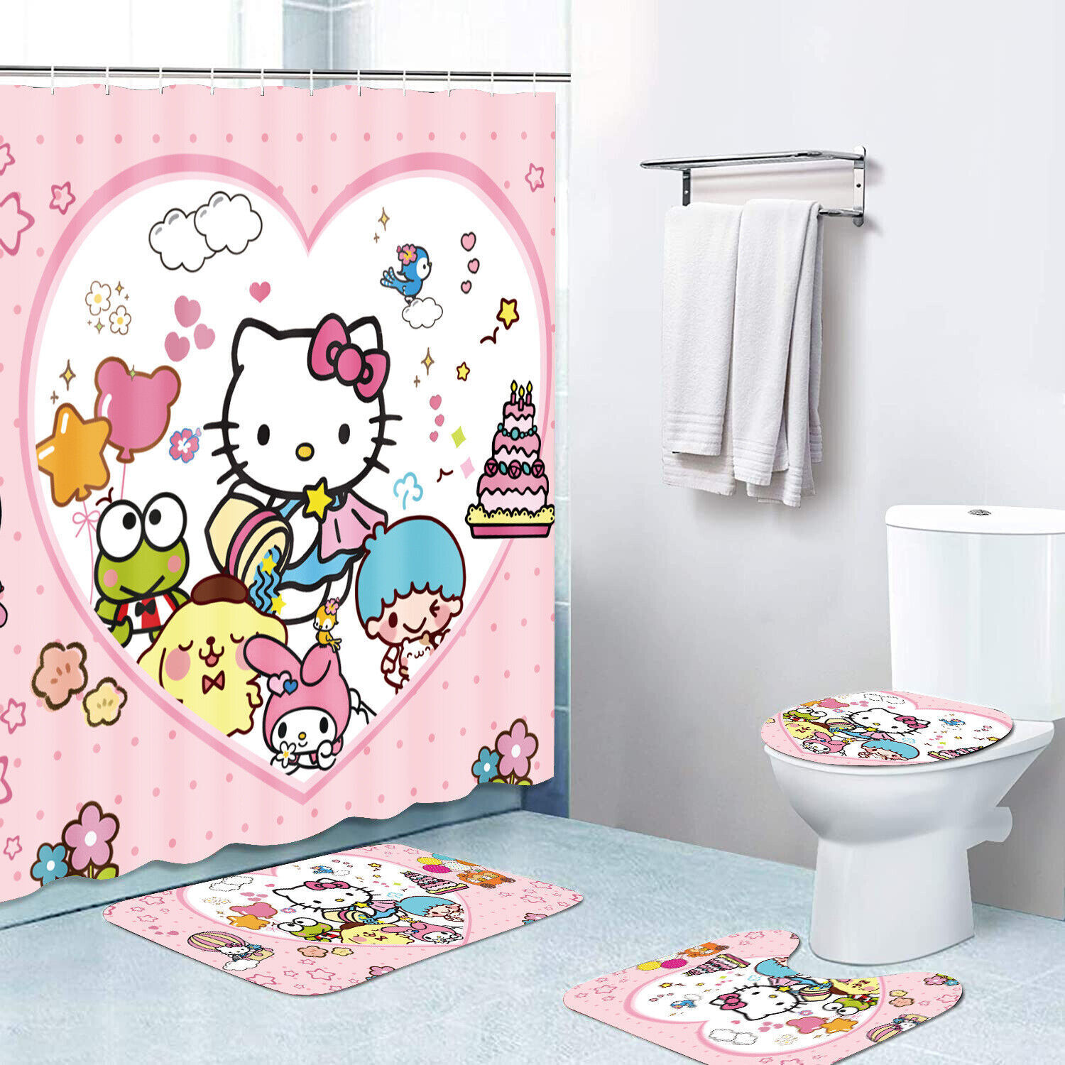Hello Kitty Love Waterproof Shower Curtain - Pink Bathroom Decor