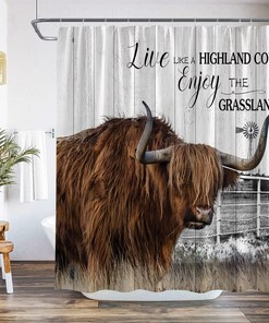 Highland Cow Farmhouse Rustic Shower Curtain Wooden Board Country Windmill Bathroom Decor