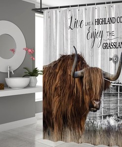 Highland Cow Farmhouse Rustic Shower Curtain Wooden Board Country Windmill Bathroom Decor