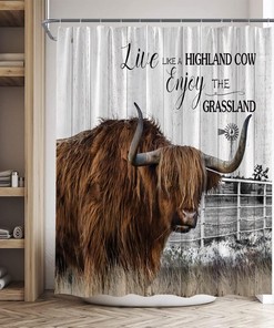Highland Cow Farmhouse Rustic Shower Curtain Wooden Board Country Windmill Bathroom Decor