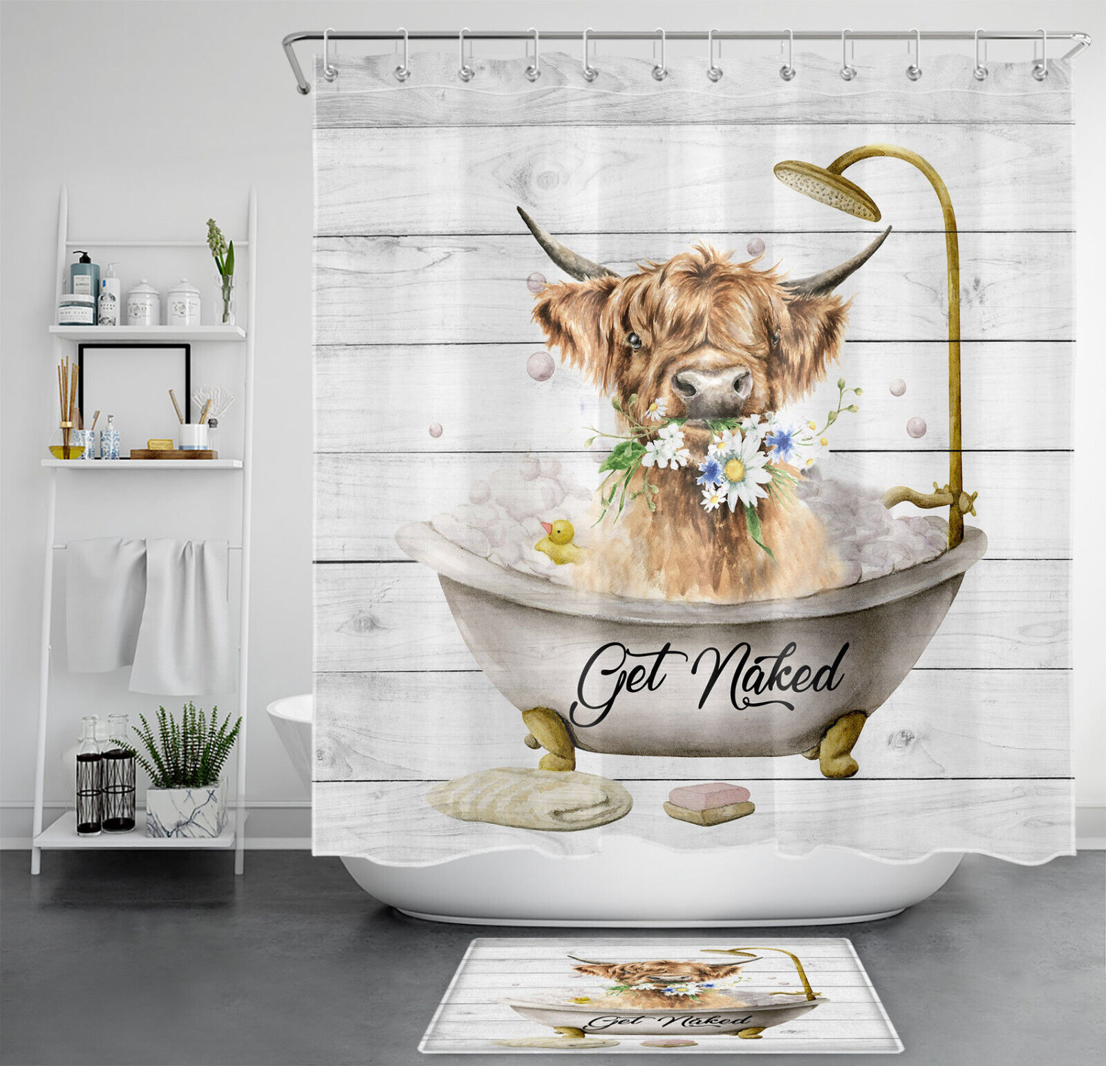 Highland Cow Flower Shower Curtain with Rustic Board Farmhouse Style for Bathroom Decor