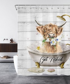 Highland Cow Flower Shower Curtain with Rustic Board Farmhouse Style for Bathroom Decor