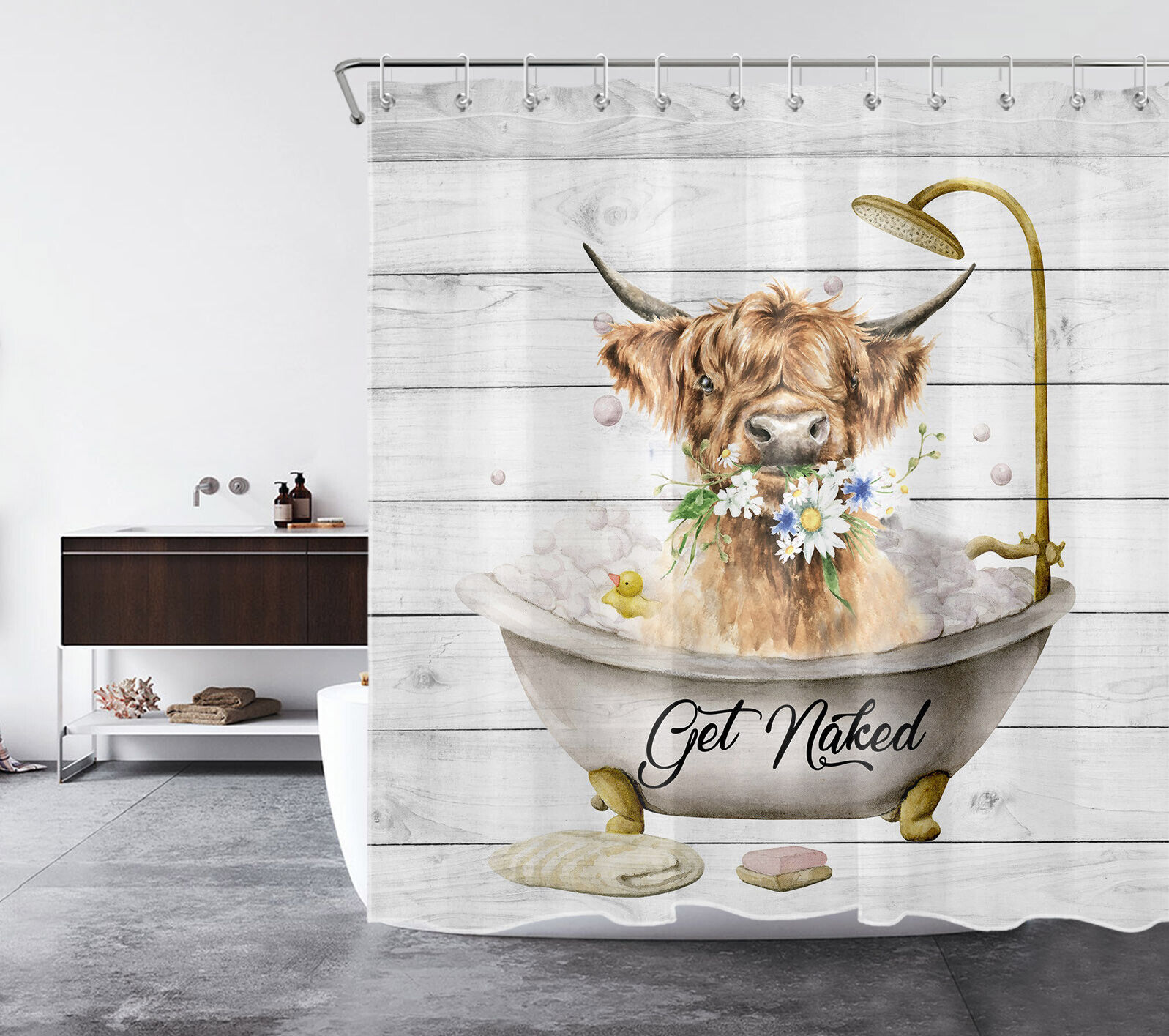 Highland Cow Flower Shower Curtain with Rustic Board Farmhouse Style for Bathroom Decor