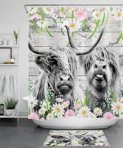 Highland Cow Rustic Retro Wood Shower Curtain for Bathroom Decor