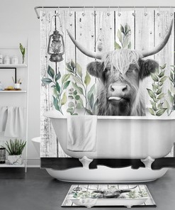 Highland Cow Rustic Retro Wood Shower Curtain with Plant Leaf for Bathroom Decor