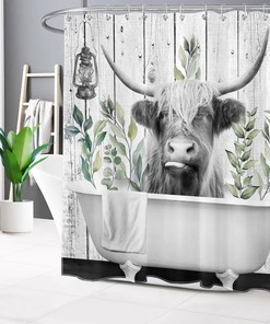Highland Cow Rustic Retro Wood Shower Curtain with Plant Leaf for Bathroom Decor