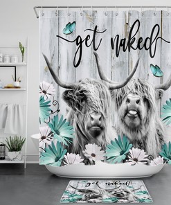 Highland Cow Rustic Shower Curtain with Teal Floral Print