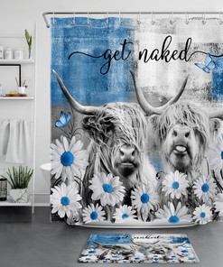 Highland Cow Shower Curtain for Bathroom Decor with Spring Flowers