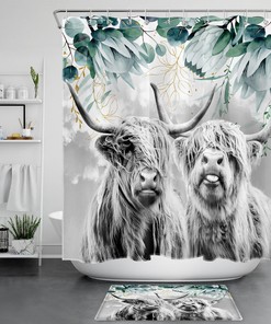 Highland Cow Shower Curtain with Green Leaf Grey Sky for Bathroom Decor