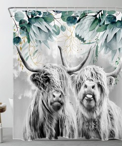 Highland Cow Shower Curtain with Green Leaf Grey Sky for Bathroom Decor