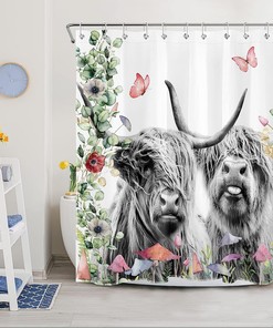 Highland Cow Shower Curtain with Green Leaves, Mushroom and Butterfly | Rustic and Durable Fabric Bath Curtain
